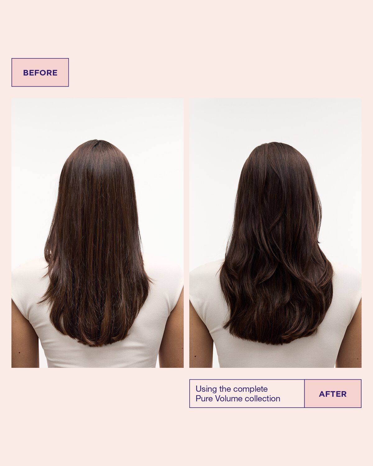 Modellens hår före och efter användning av Pure Volume Shampoo för mer volym i håret