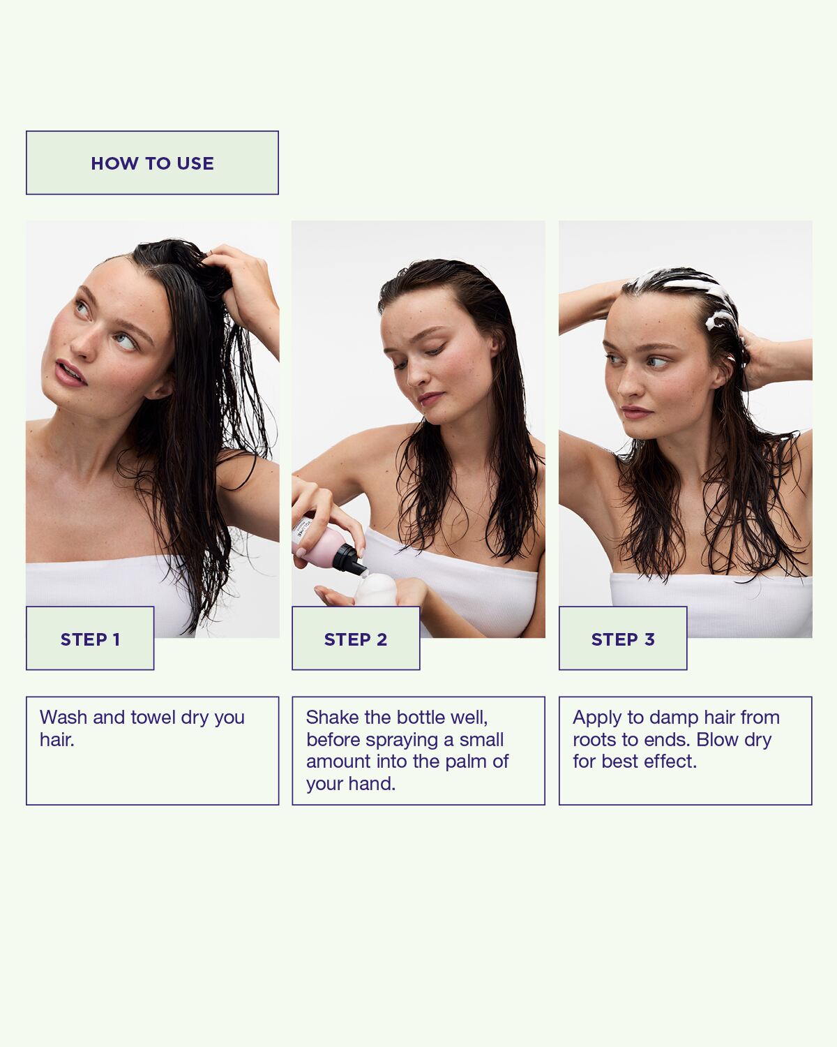 Använd Pure Volume Mousse genom att applicera på nytvättat fuktigt hår