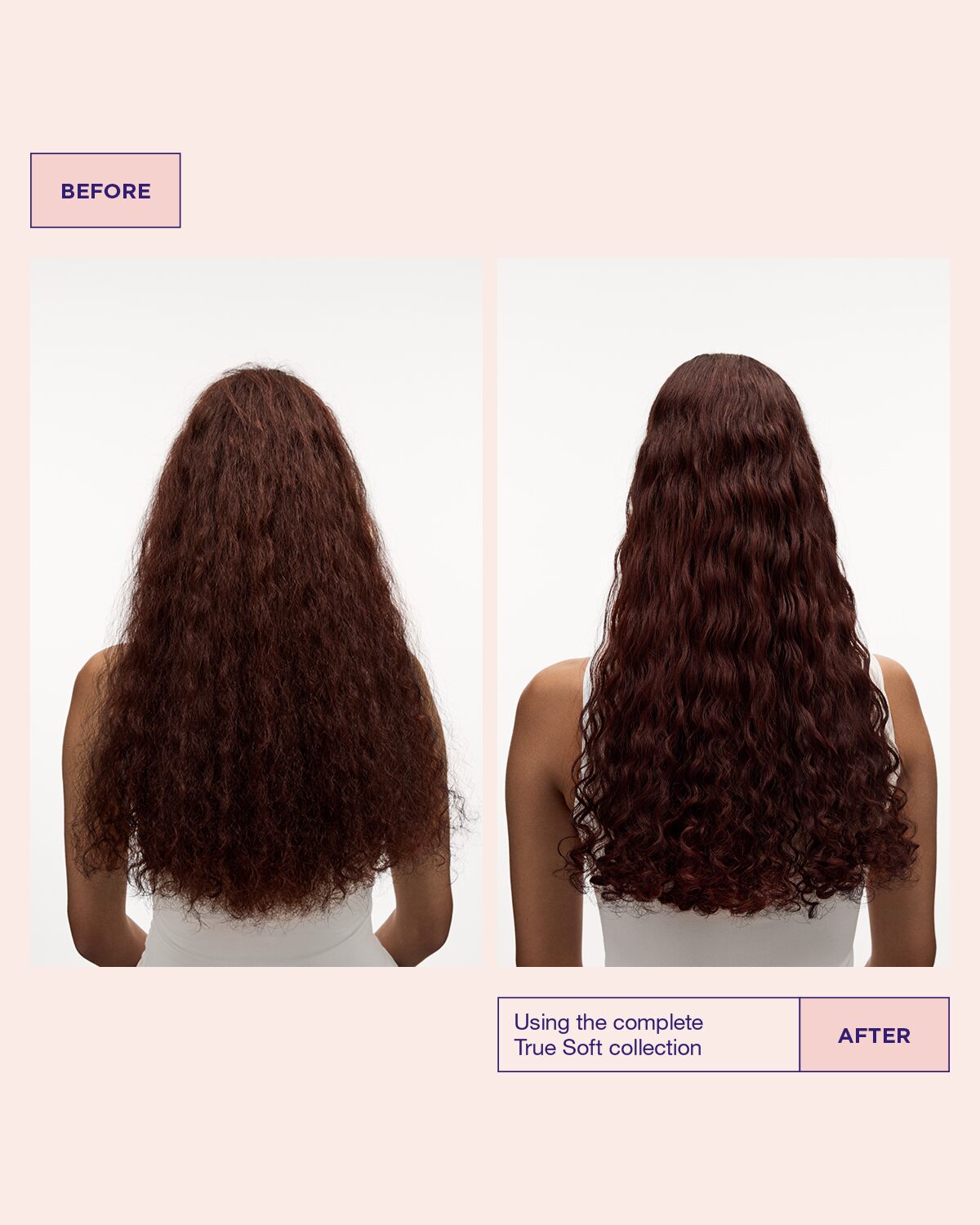 Modellens hår före och efter användning av True Soft Conditioner för torrt hår