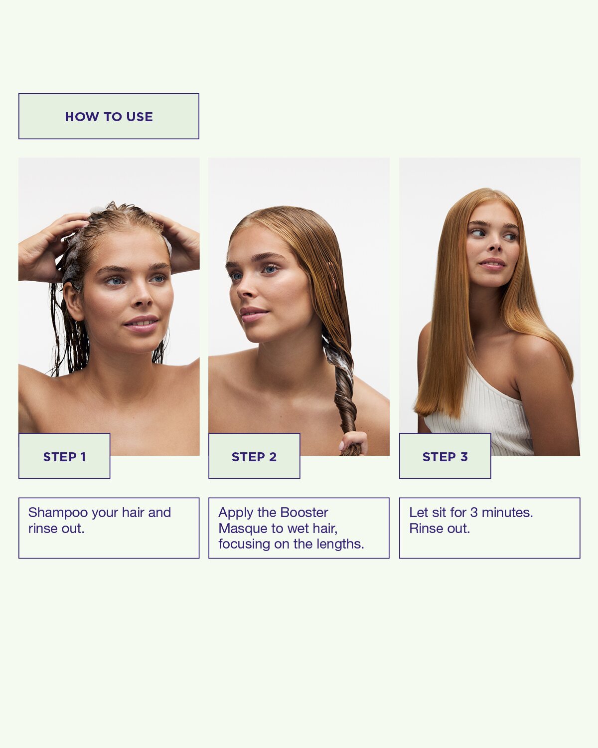 Använd True Soft Booster hårbehandling genom att applicera på fuktigt hår, låt verka i 3 minuter och skölj