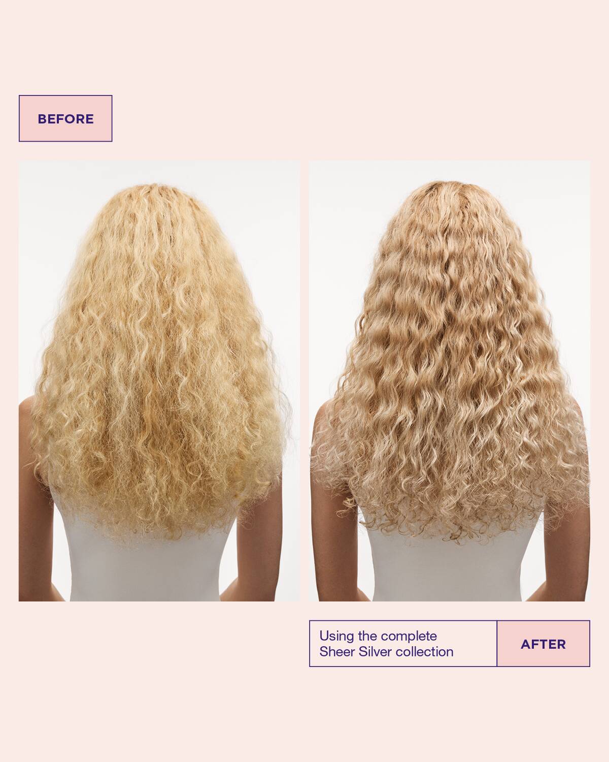 Modellens hår före och efter användning av Sheer Silver-balsam för blont hår