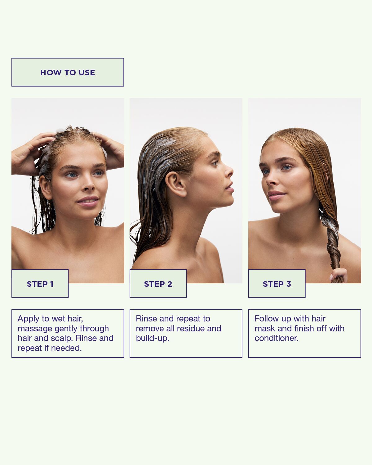 Använd Sheer Silver Shampoo genom att massera in i blött hår, låt löddra och skölj ur.