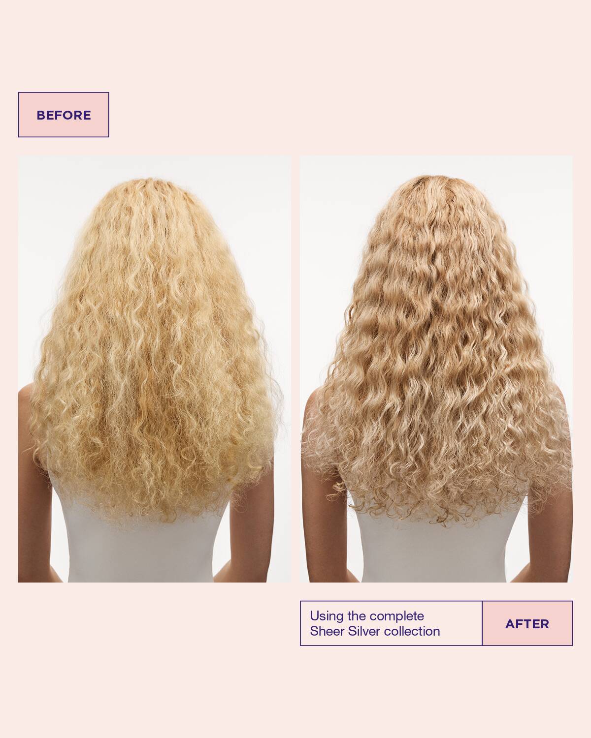 Modellens hår före och efter användning av Sheer Silver-balsam för blont hår