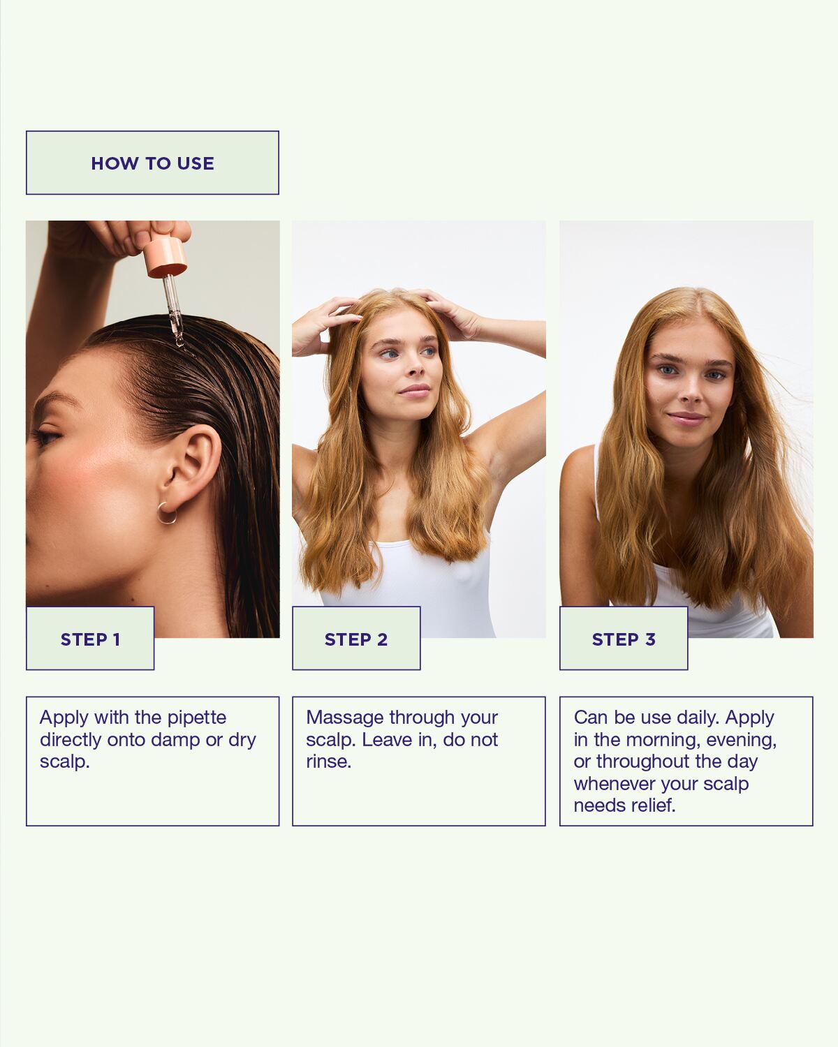 Modell använder Head & Hair Heal Soothing Serum Exfoliating Serum för att återfukta och lugna hårbotten