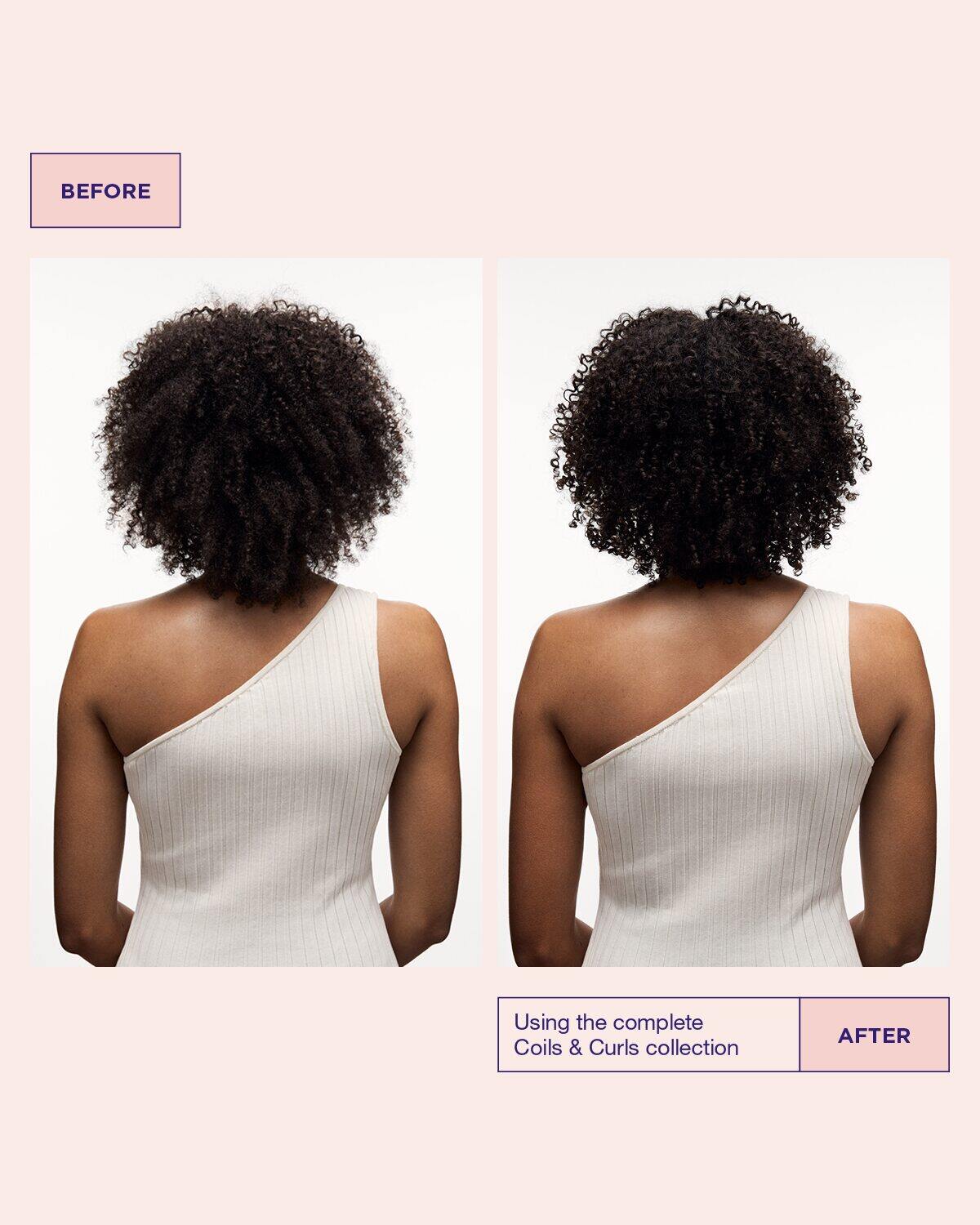 Modellens hår före och efter användning av Coils & Curls Co-Wash för lockigt hår