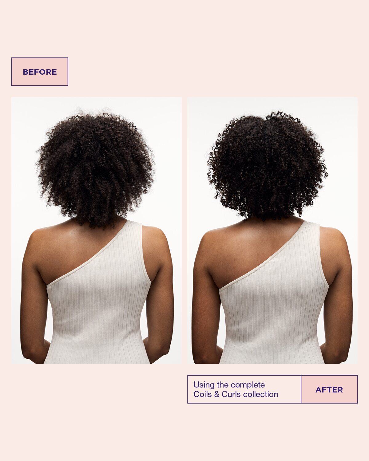 Modellens hår före och efter användning av Coils & Curls Oil In Cream för lockigt hår