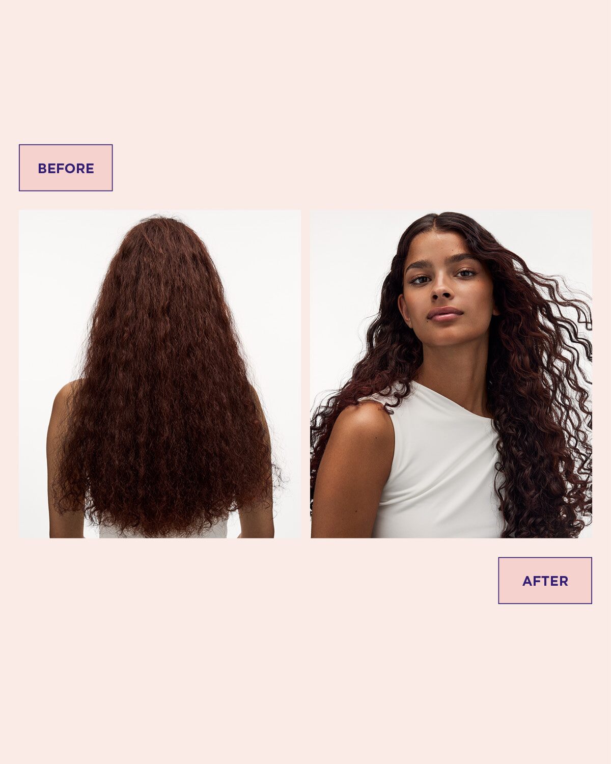 Hår före och efter användning av Weightless Curl Definer för stadga i lockigt hår