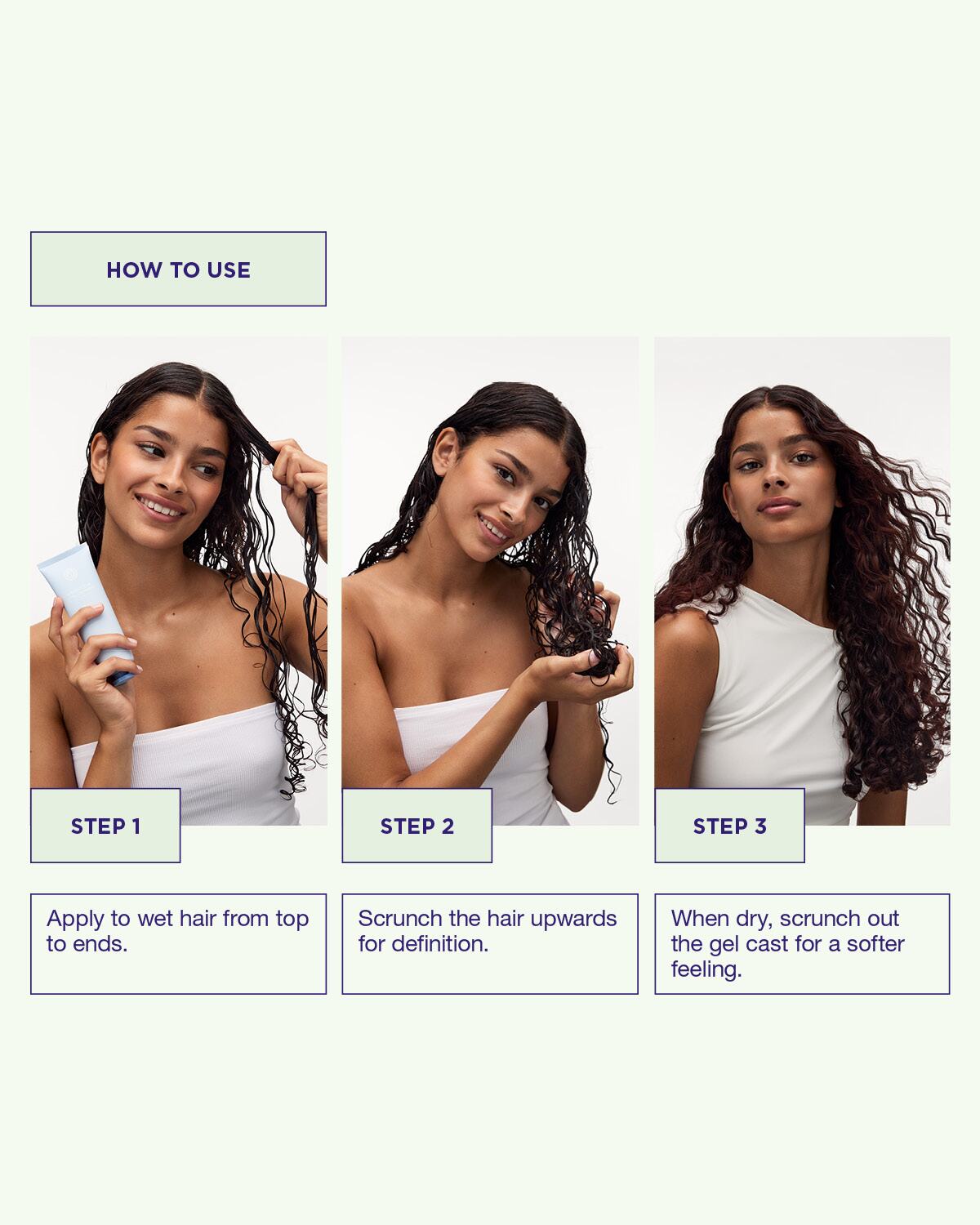 Applicera Weightless Curl Definer på våta lockar för lätt definition och stadga