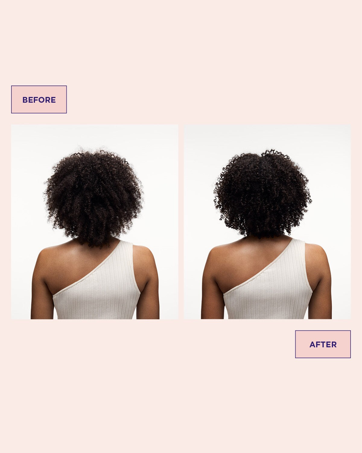 Hår före och efter användning av Luscious Curl Definer för stadga i lockigt och krulligt hår
