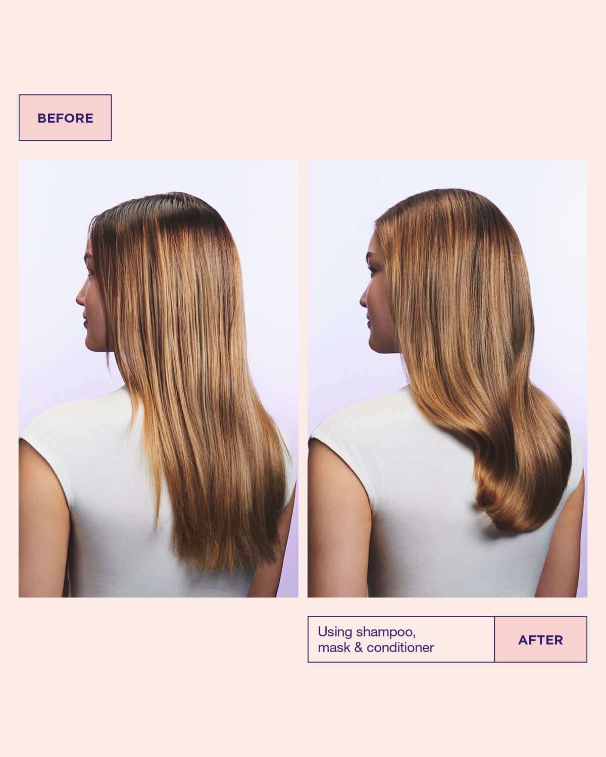 Modellens hår före och efter användning av Pure Volume Conditioner för mer volym i håret