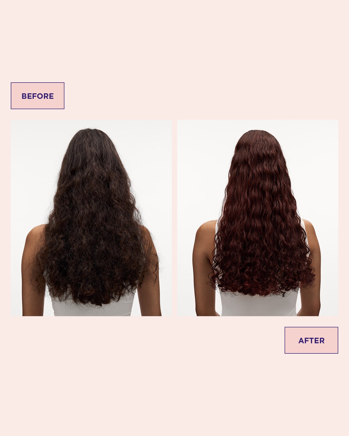 Hår före och efter användning av Colour Refresh Autumn Red för röda toner i håret