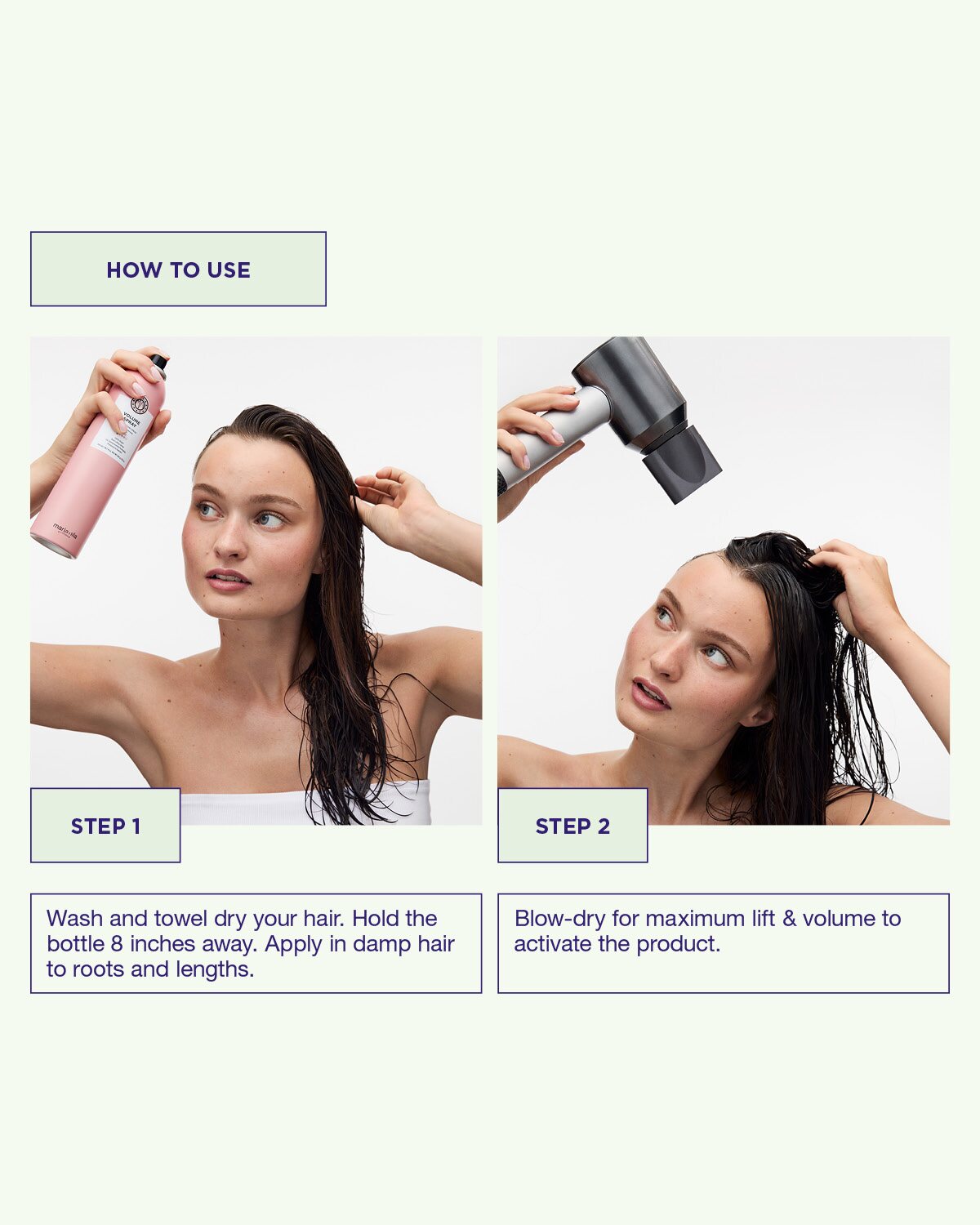 Spraya Volume Spray på rötterna i vått hår för lyft och volym