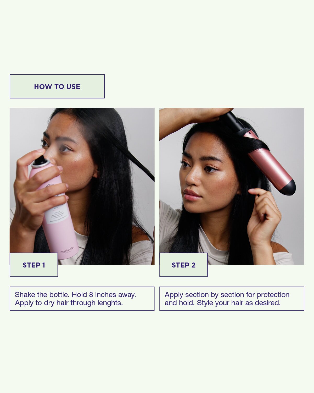 Spraya Shaping Heat Spray på torrt hår innan styling med värmeverktyg