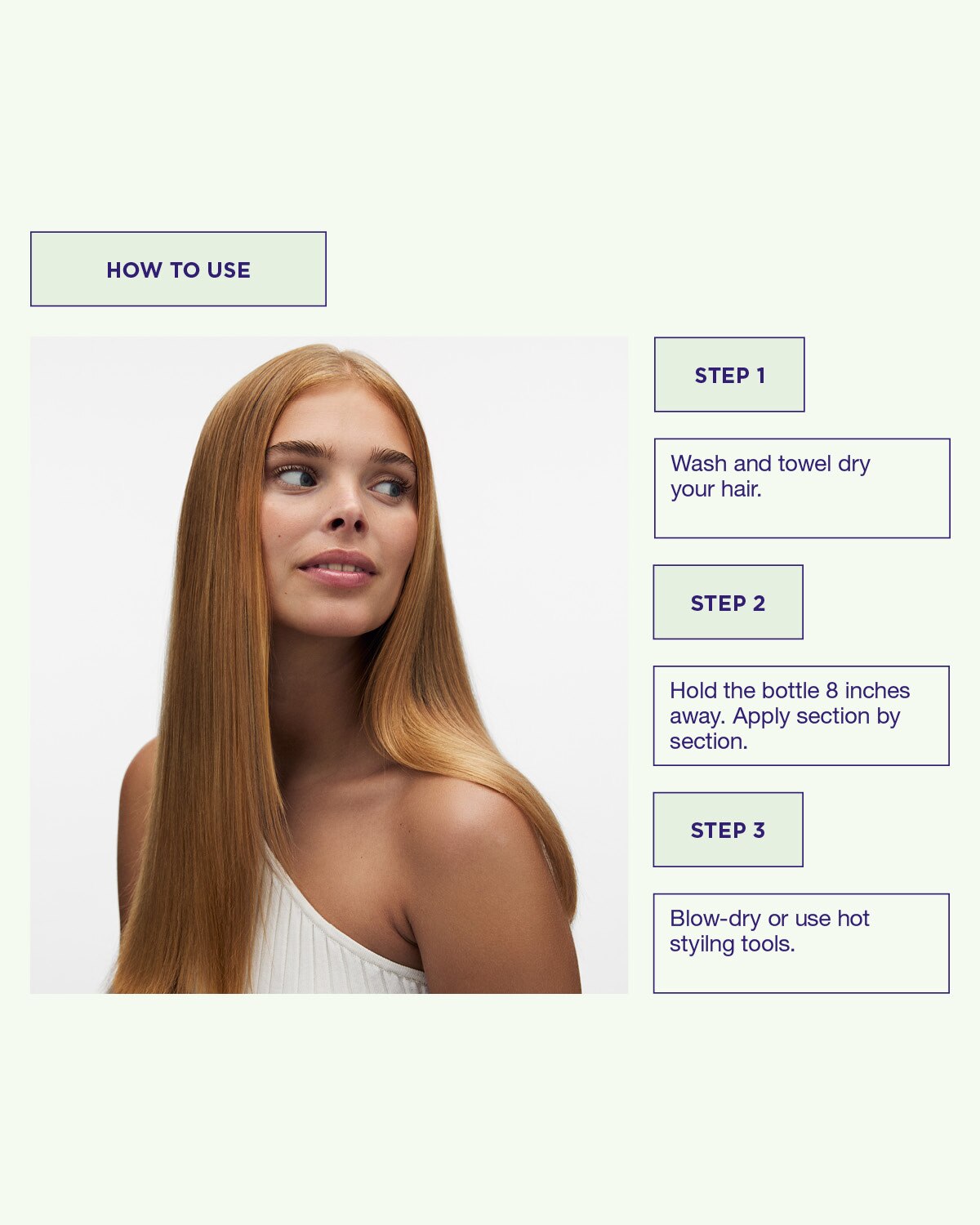 Applicera Cream Heat Spray på vått hår innan värmestyling