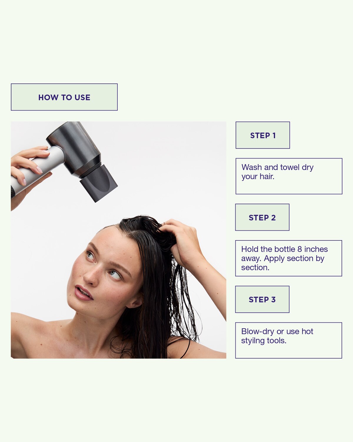 Spray Quick Dry Heat Spray på vått hår innan föning för att påskynda torkprocessen