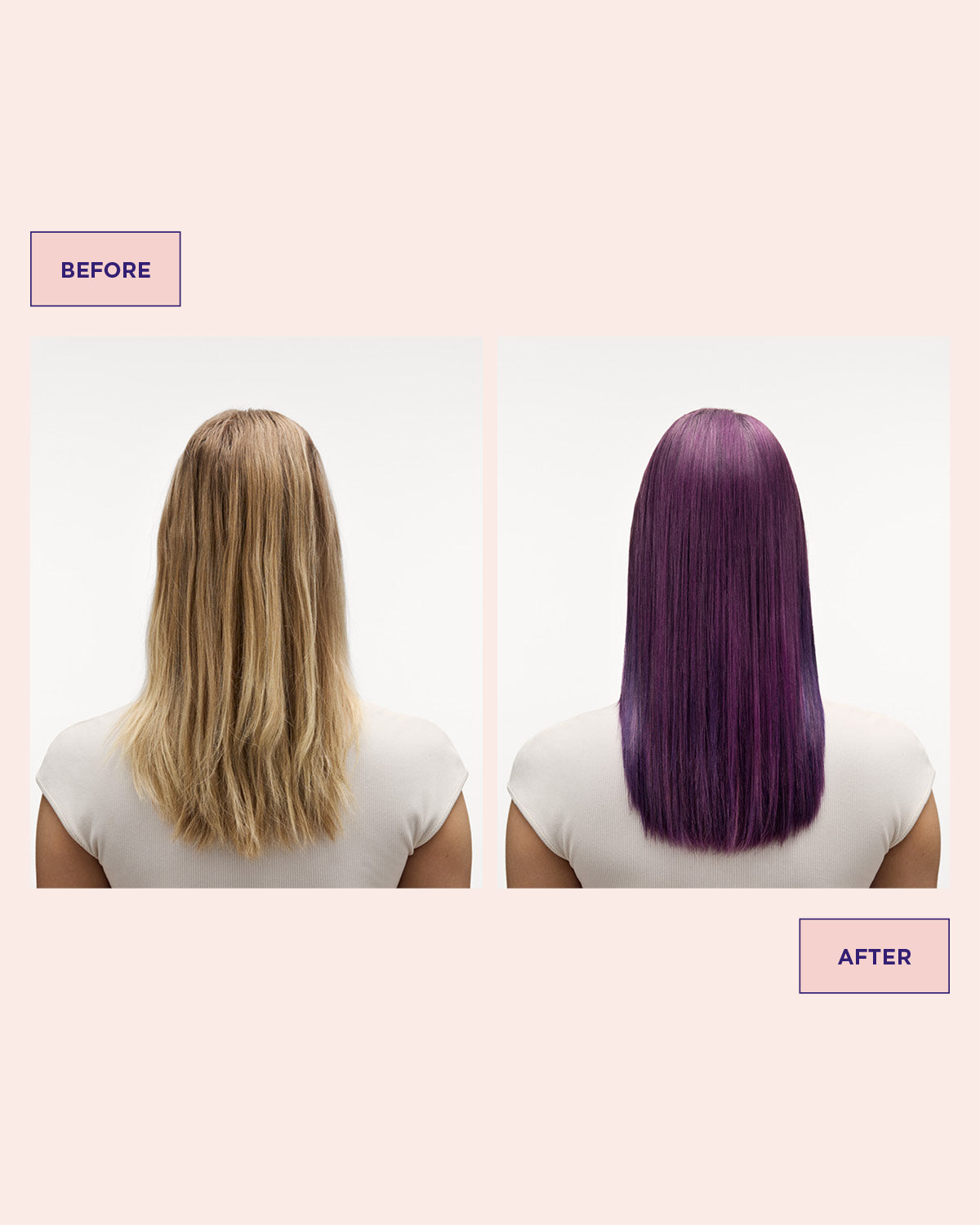 hår före och efter användning av Colour Refresh Peach för lila toner i håret