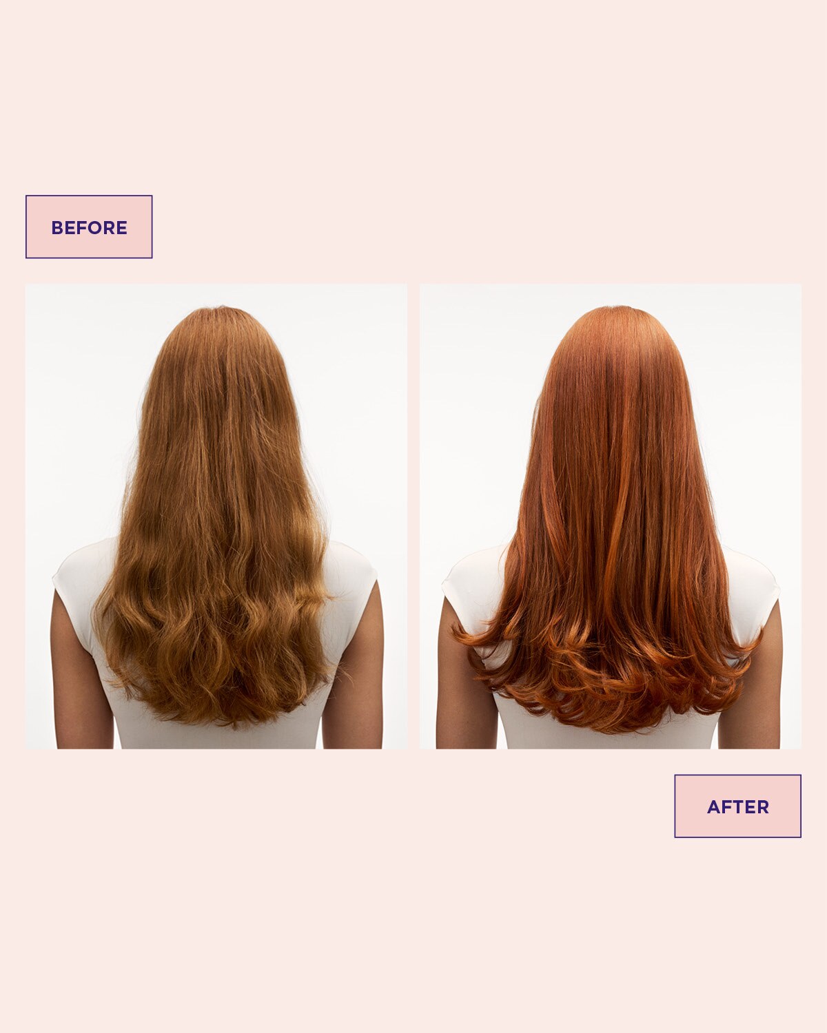 hår före och efter användning av Colour Refresh Bright Copper för koppartoner i håret