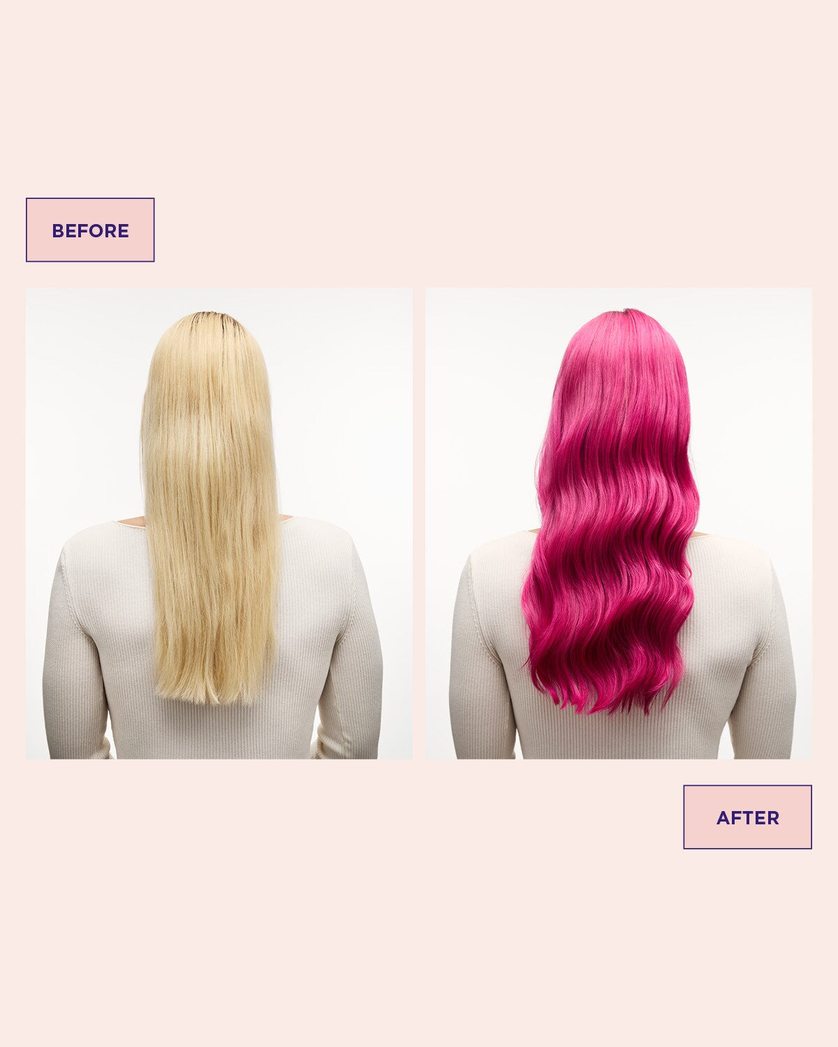 hår före och efter användning av Colour Refresh Pink Pop för rosa toner i håret