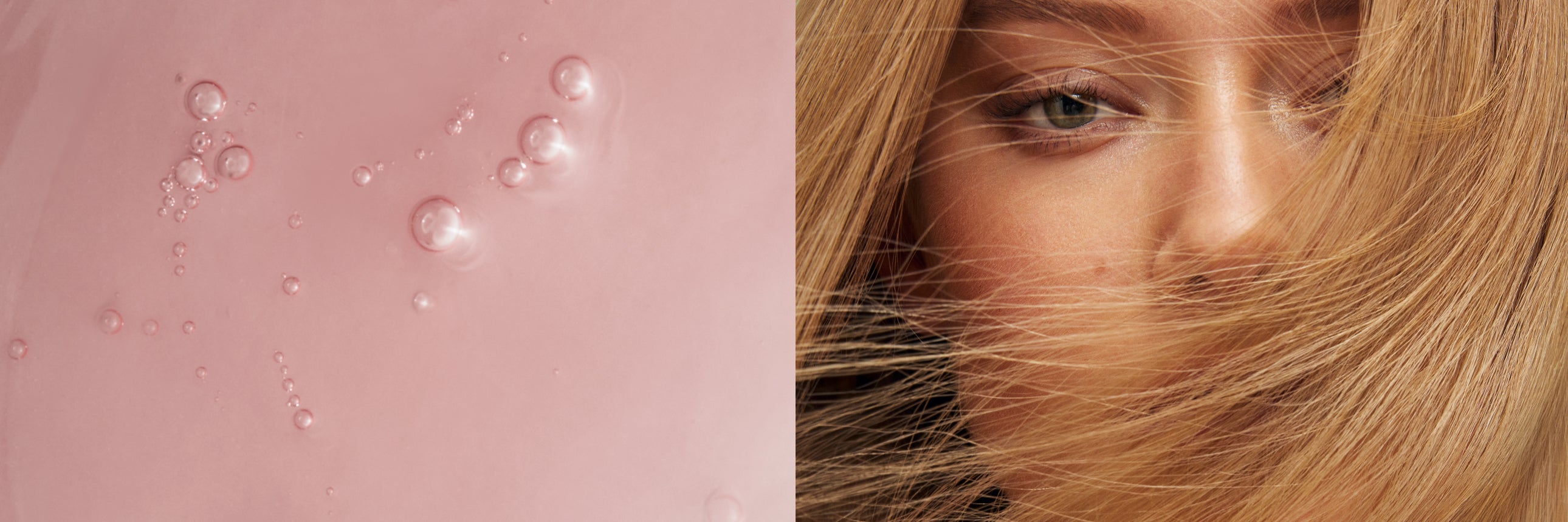 Delad bild med rosa schampoformula till vänster och närbild på modell med mörkblont hår till höger
