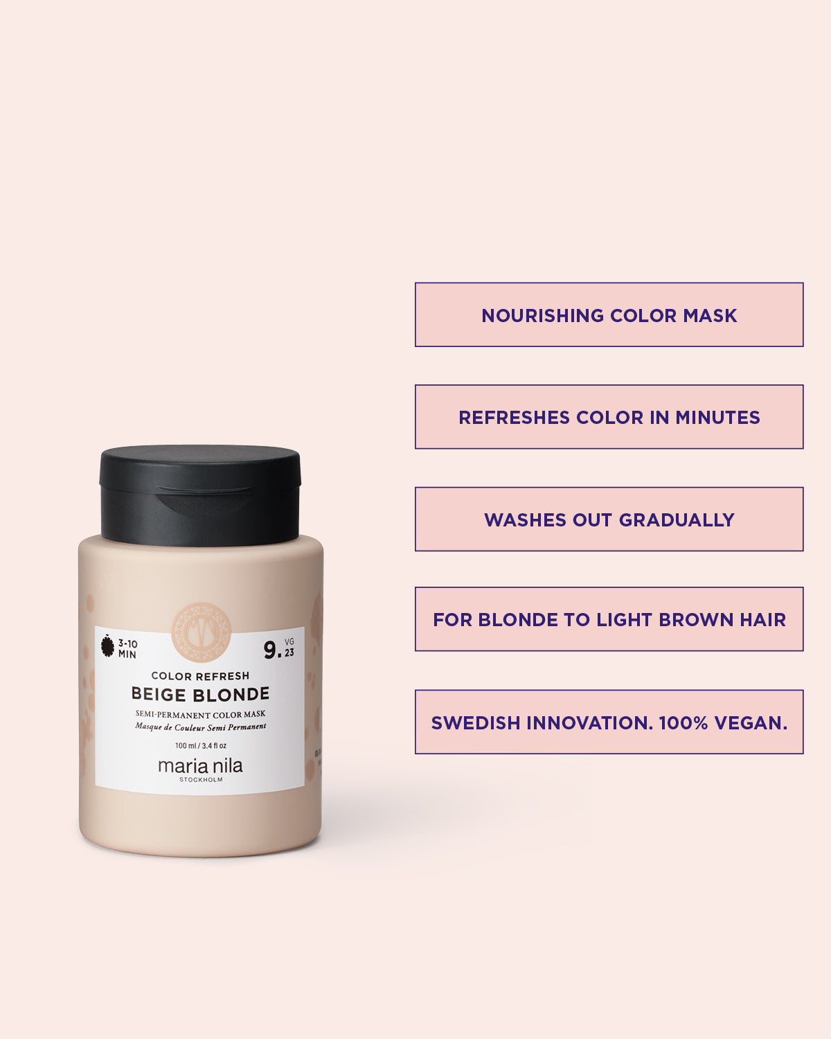 Maria Nila Color Refresh Beige Blonde vårdande färginpackning med text på ljusrosa bakgrund.