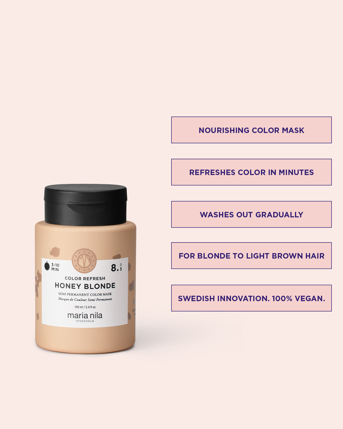 Maria Nila Color Refresh Honey Blonde med produktfördelar mot rosa bakgrund