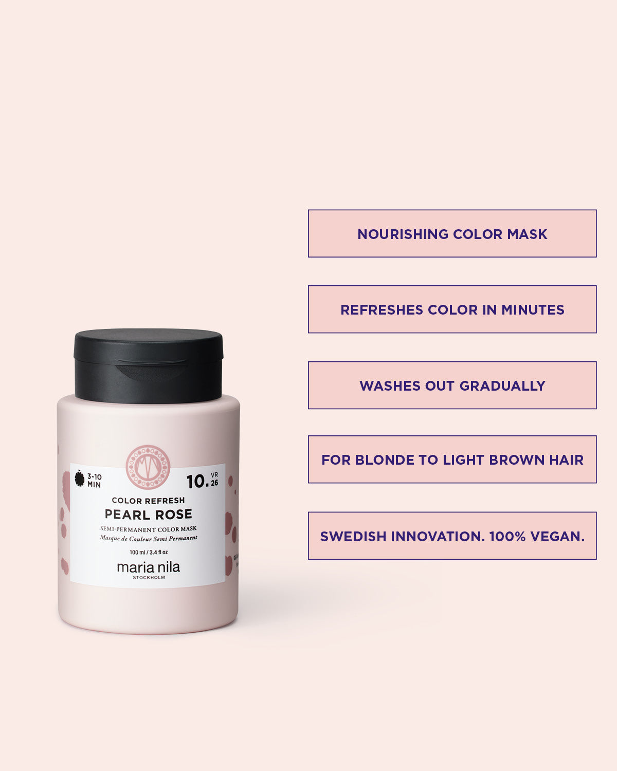 Maria Nila Color Refresh Pearl Rose vårdande hårinpackning med text på ljusrosa bakgrund.