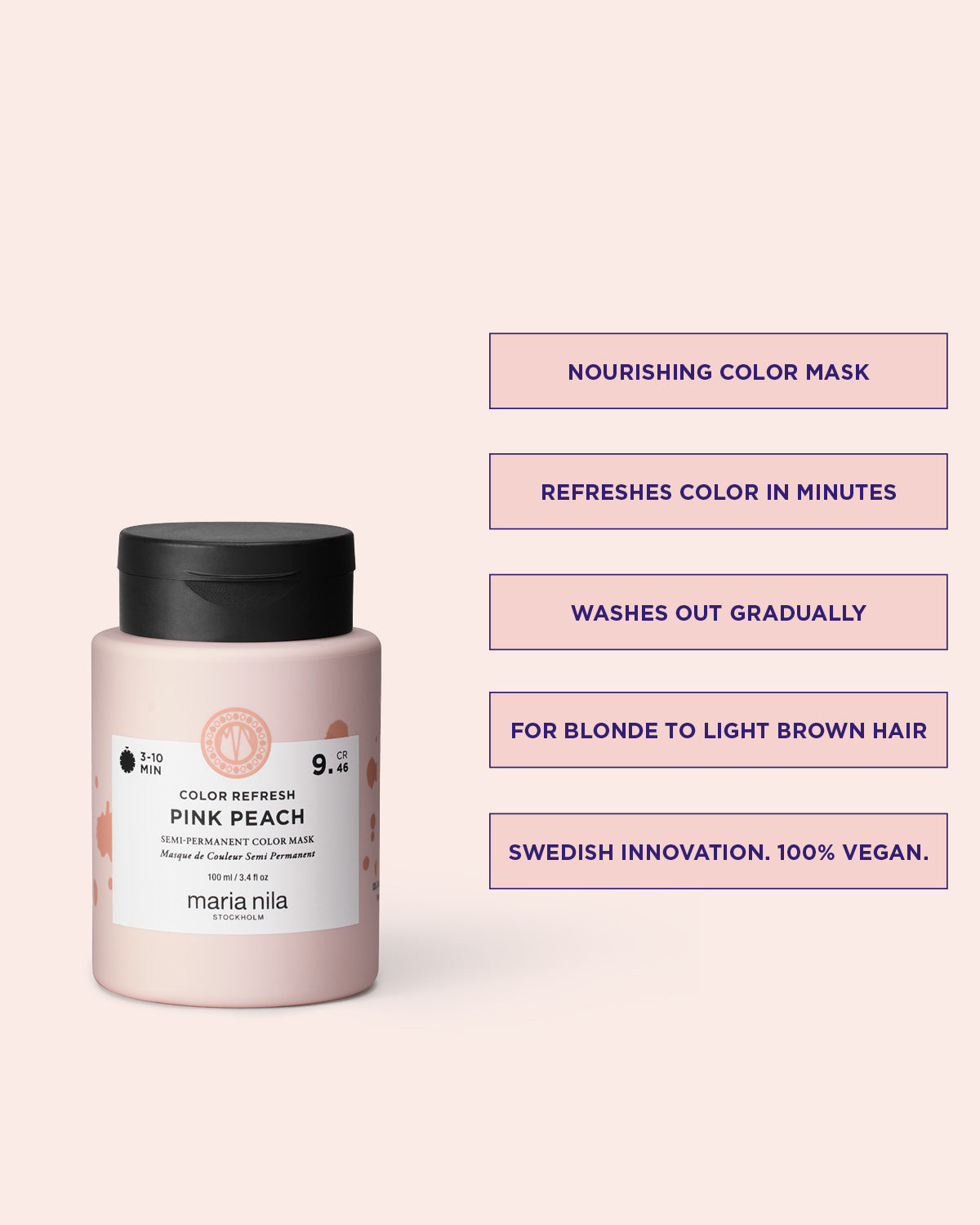 Maria Nila Color Refresh Pink Peach vårdande färginpackning med text på ljusrosa bakgrund.