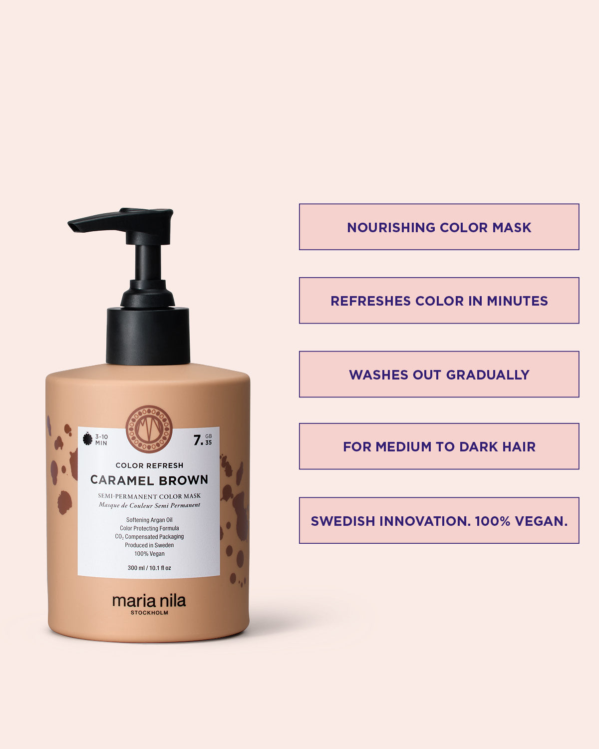 Maria Nila Color Refresh Caramel Brown pigmenterad hårinpackning med produktfördelar på beige bakgrund.