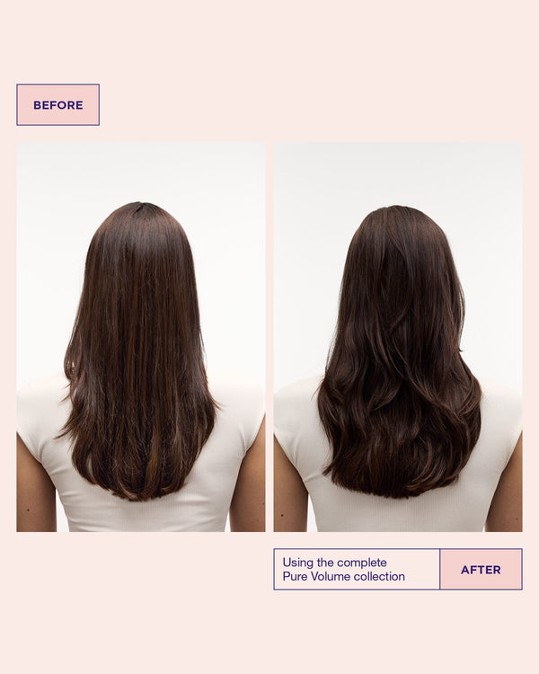  Modellens hår före och efter användning av Pure Volume Shampoo för mer volym i håret