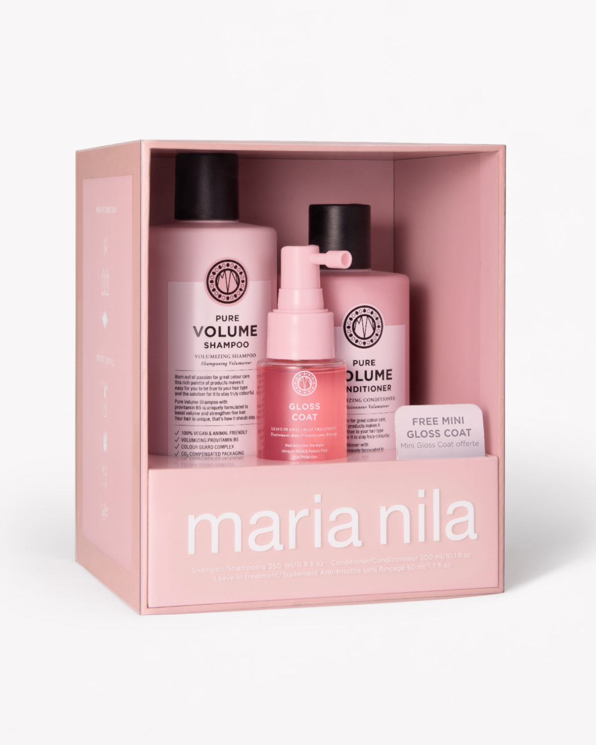 Maria Nila hårvårdspresentset i en rosa box, som innehåller en Pure Volume Shampoo-flaska, en Pure Volume Conditioner-flaska och en Gloss Coat-pumpflaska.