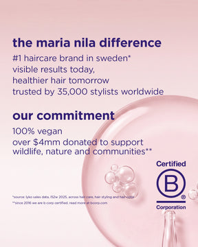 En rosa reklambild för Maria Nilas hårvård, med text om veganskt engagemang och en B Corp-certifieringslogotyp, samt en genomskinlig pipett och bubbelillustration på en mjuk rosa bakgrund.