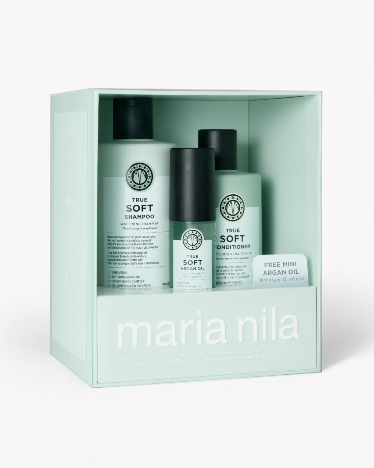 Maria Nila True Soft hårvårdsset i en mintgrön presentbox, med schampo, balsam och en Argan Oil-flaska.
