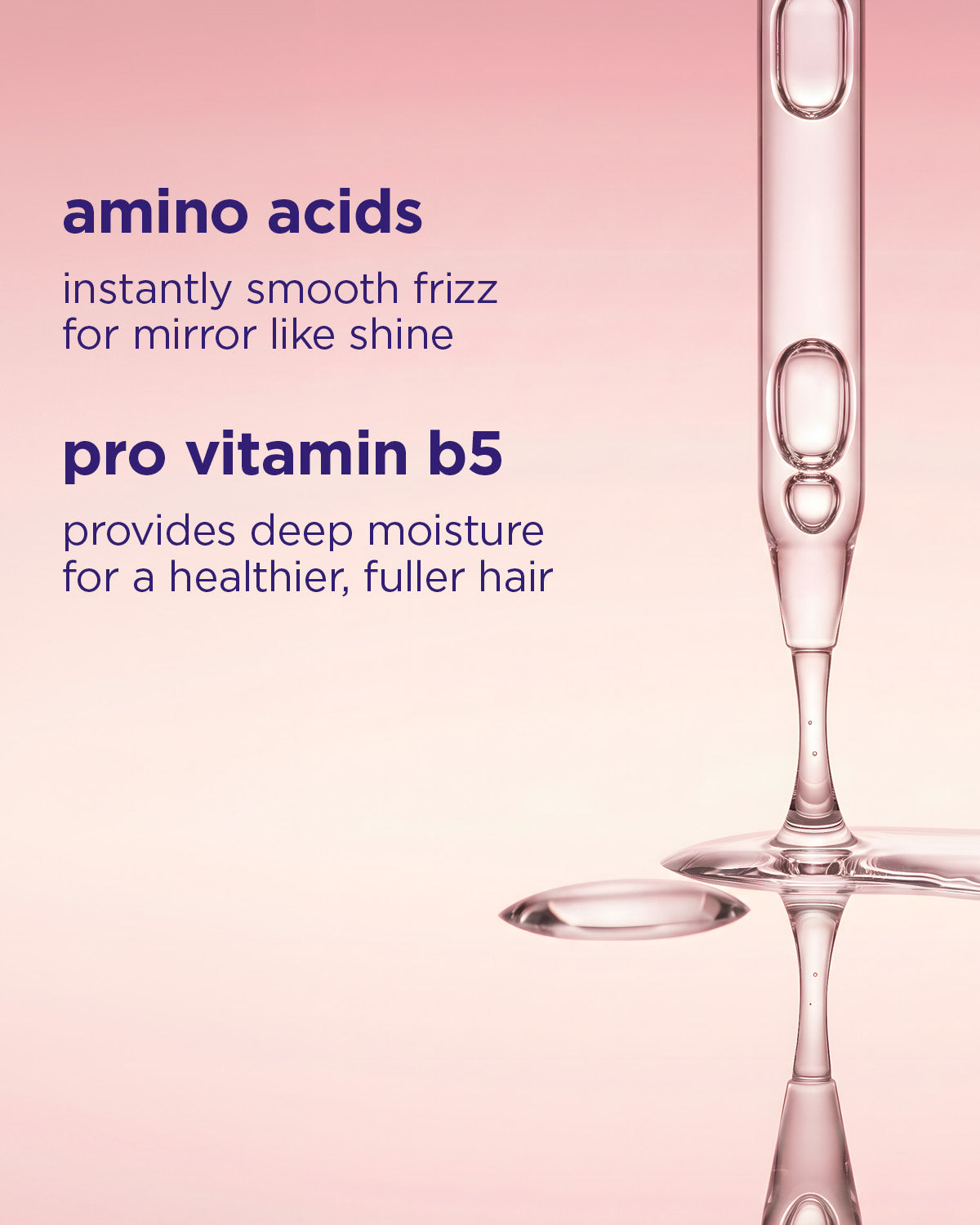 Droppande klar vätska från pipett mot mjuk rosa bakgrund med text om aminosyror och pro vitamin B5.