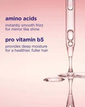 Transparent pipette dropping clear gloss serum with pink gradient background and text about amino acids and pro vitamin B5.