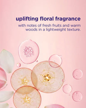 Transparent gel med glans och små upplyftande rosa och gula fruktbubblor på vit bakgrund.