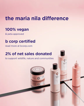 Maria Nila Mirror Gloss Conditioner literflaska med beige och svarta etiketter, ställd på spegelbänk tillsammans med.