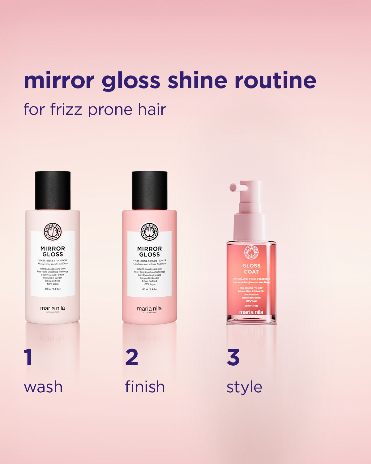 Schampo, balsam och glansgivande stylingprodukt i rosa och transparenta förpackningar.