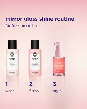 Schampo, balsam och glansgivande stylingprodukt i rosa och transparenta förpackningar.