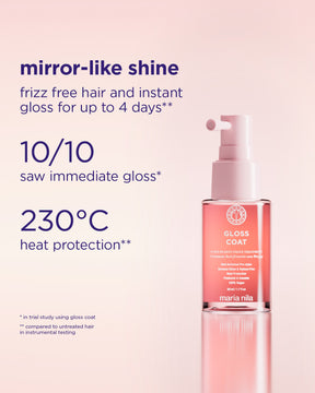 Rosa sprayflaska Gloss Coat Travel med text om frizzkontroll och värmeskydd upp till 230°C på ljus bakgrund.