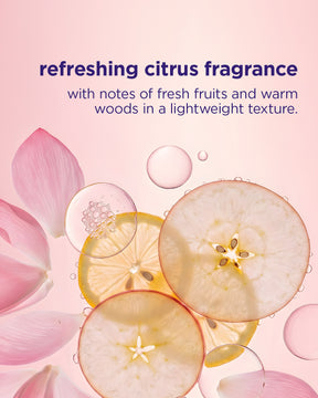 Citrusfrukter och blommor med droppar på ljus bakgrund, framhäver frisk doft och lätt textur.