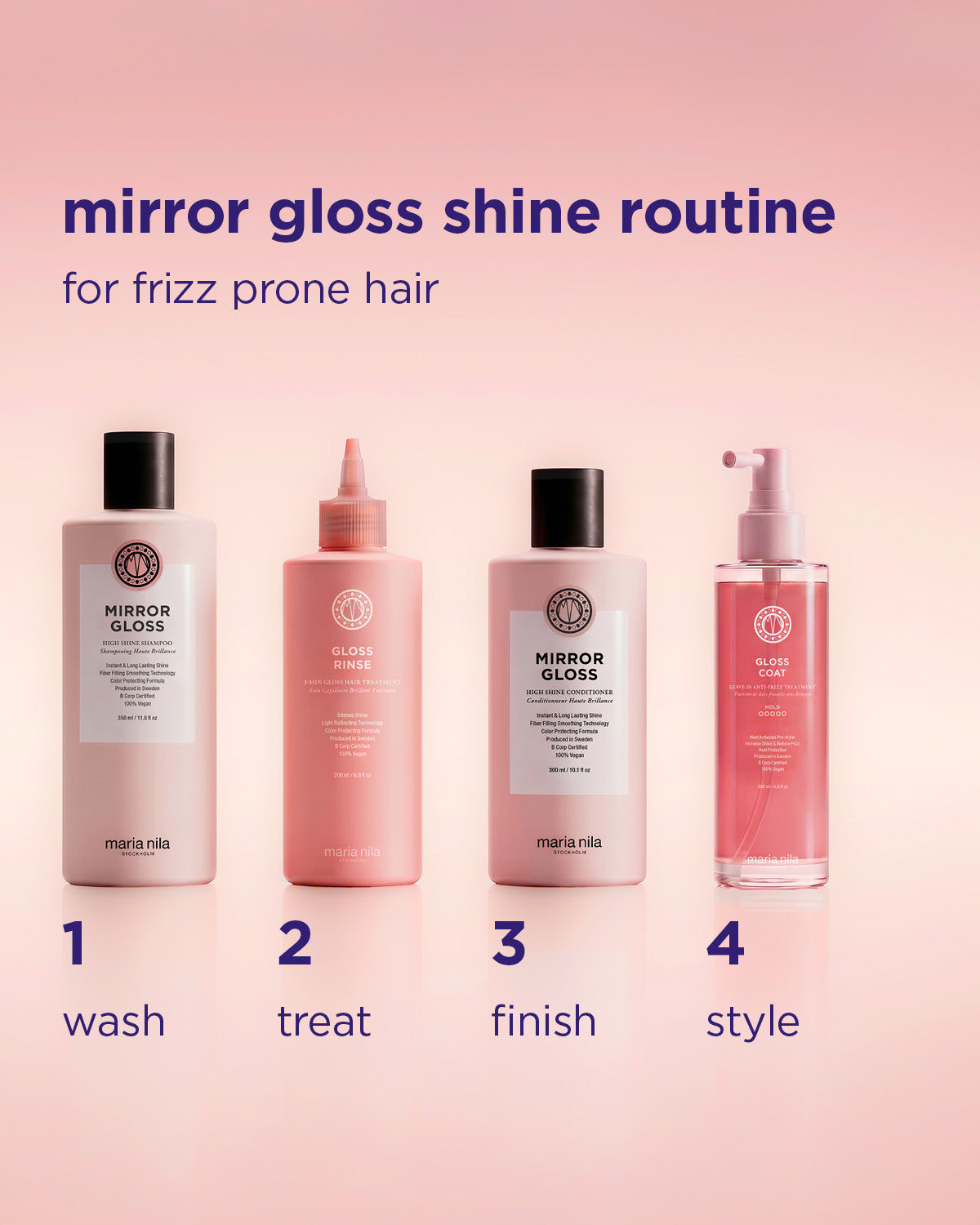 Fyra rosa flaskor med Mirror Gloss Shampoo Travel-serien för glans och styling, olika former och pumpfunktioner.