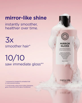Rosa shampoo-flaska med svart lock och skum, text om glans och slätare hår på lila bakgrund.