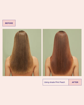Före- och efterbild som visar färgresultat med nyansen Pink Peach mot enfärgad bakgrund,