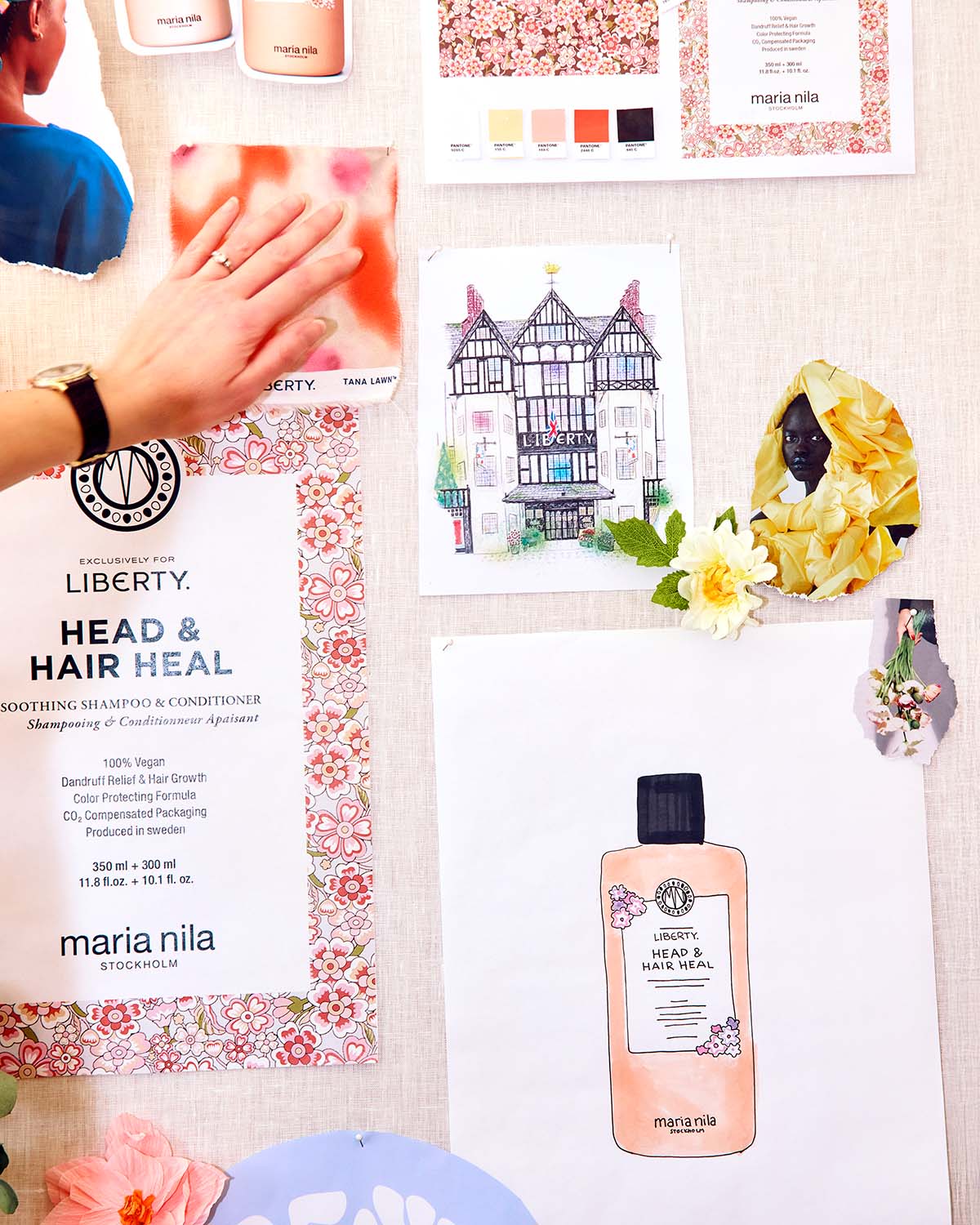 Moodboard med tyger och skisser 