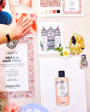 Moodboard med tyger och skisser 
