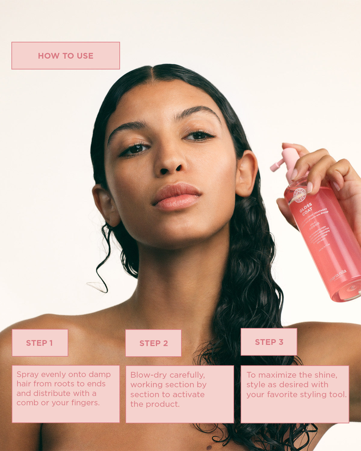 Modell som håller i Maria Nila Gloss Coat och en instruktion för hur produkten ska användas