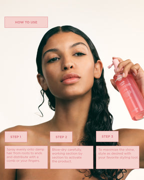 Modell som håller i Maria Nila Gloss Coat och en instruktion för hur produkten ska användas