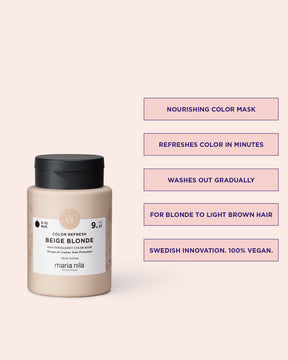 Maria Nila Color Refresh Beige Blonde vårdande färginpackning med text på ljusrosa bakgrund.