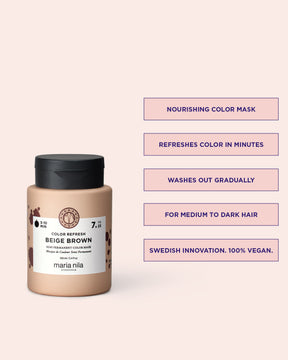 Maria Nila Color Refresh Beige Brown vårdande färginpackning med text på ljusrosa bakgrund.