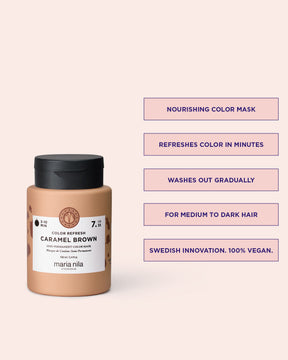 Color Refresh Caramel Brown vårdande färginpackning med text på ljusrosa bakgrund.
